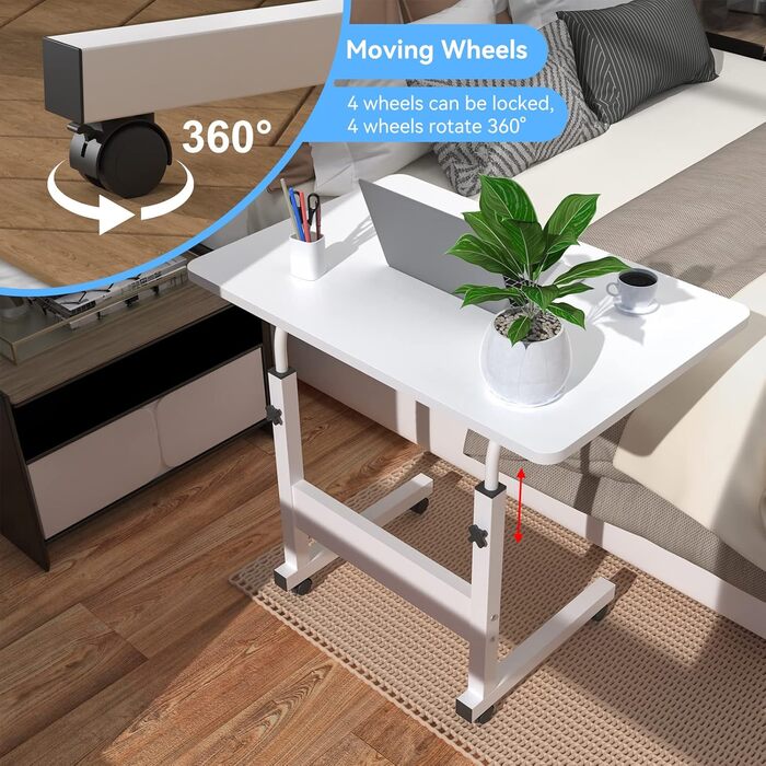 Стіл для ноутбука 60x40 см з колесами, регульована висота 69-90 см, письмовий стіл, комп&39ютерний стіл, мобільний стоячий стіл, столик над ліжком, поворотна стільниця на 360, бічний столик для дивана, білий 60x40 см C-white