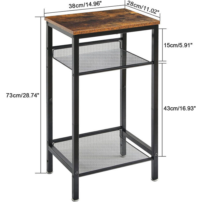 Журнальний столик YMYNY, тумбочка з регульованими полицями та ніжками, телефонний столик, столик для дивана з дерева, металевий каркас, індустріальний стиль, для вітальні, спальні, офісу, рустикальний коричневий HST005H 1-елементний рустикальний коричневи