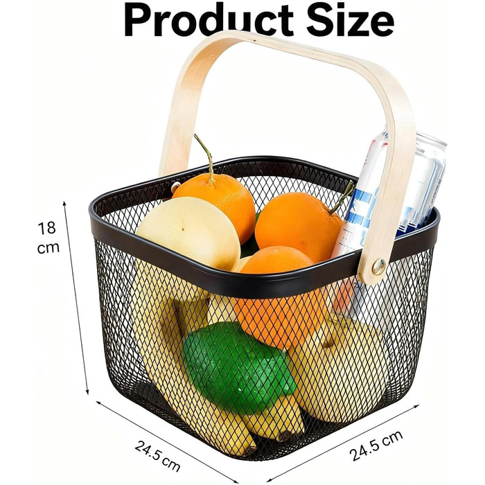 Дротяний кошик з ручкою, кошик для перенесення в стилі лофт, кошики для садового врожаю, квадратний кошик для зберігання, для ванної кімнати, кухні, пікніка, 2 предмети, 18 x 24,5 x 24,5 см (чорний)