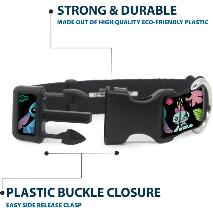 Нашийник Buckle-Down з пластиковою застібкою Охана означає сім'ю / Stitch & Scrump / Тропічні квіти - Чорно-білий / Багатоколірний - Ширина 2,5 см - Для обхвату шиї 38-66 см - Розмір L