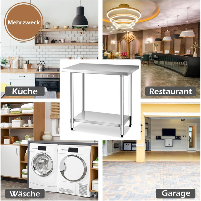 Кухонний стіл COSTWAY з нержавіючої сталі з регульованою по висоті полицею, робочий стіл, стіл для кейтерингу, стіл для приготування їжі з нержавіючої сталі з проміжною полицею (92x690 см)