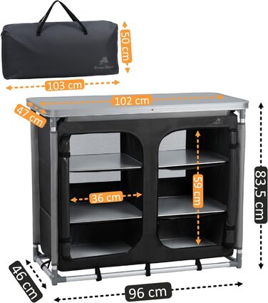 Складана кемпінгова шафа CampFeuer 102 см x 47 см x 83,5 см Кемпінгова кухня з 2 отворами на блискавці Кемпінгова полиця з алюмінієвою рамою Складана кемпінгова шафа, кемпінгова кухня, розкладна шафа