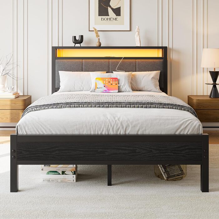 Ліжко 120x200 см, каркас ліжка із зарядною станцією, міцне металеве ліжко з дерев&39яним узголів&39ям для зберігання та тканиною, гостьове ліжко, двоспальне/односпальне ліжко, каркас ліжка для гостьової кімнати, металеве з рейковою основою, чорне, 120 x 2