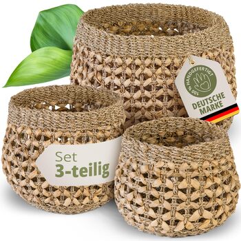 Набір кошиків для зберігання з 3 шт. , ручної роботи з натуральних матеріалів морської трави та водяного гіацинта Плетений кошик Кошик для зберігання для кухні, ванної кімнати, вітальні Штабелювані кошики