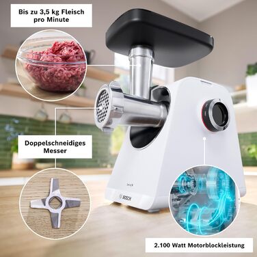М'ясорубка Bosch MultiPower Serie 6 MFWS607W, 2 перфораційні решітки (4,5 та 8 мм), нержавіюча сталь, підходить для посудомийки, насадки для кеббе та ковбас, потужність 2100 Вт, біла