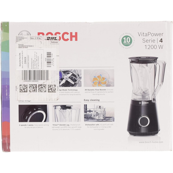 Блендер Bosch VitaPower Series 4 MMB6141B, високоякісні леза з нержавіючої сталі, чаша блендера Tritan на 1,5 л, деталі можна мити