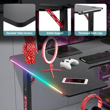 Г-подібний ігровий комп&39ютерний стіл Todeco зі світлодіодним підсвічуванням, кутовий стіл 160 x 100 см, ігровий стіл для ПК з вуглецевим волокном, з гачком для навушників та підставкою для чашок 160 x 100 см