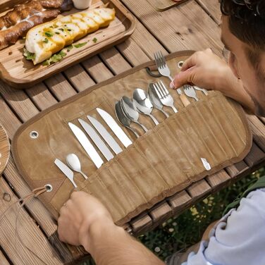 Набір із 14 виделок та ложок, сумка для столових приборів для використання на вулиці, набір столових приборів для кемпінгу, дорожні столові прибори з сумкою для зберігання, портативний набір столових приборів для кемпінгу, багаторазовий, для пікніків та в
