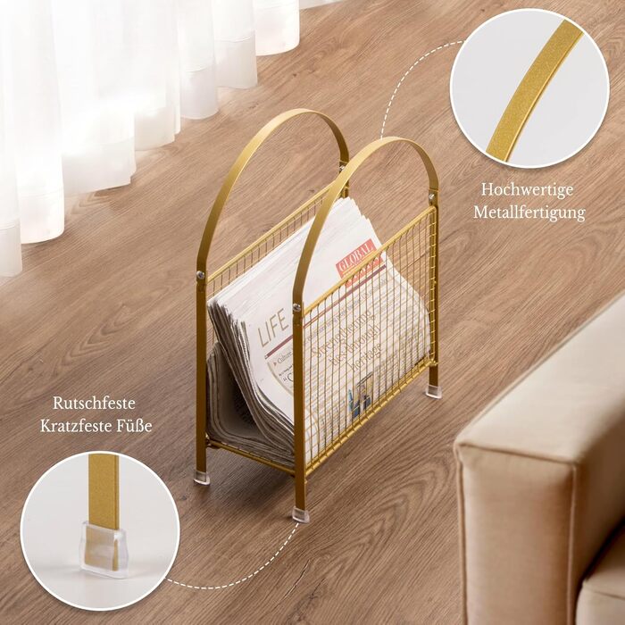 Окремостоячий тримач для журналів PUERSI сучасний дизайн сумки, металевий органайзер для журналів, вінілових платівок, газет (золотистий)