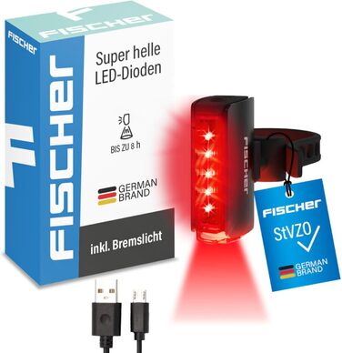 Задній світлодіодний акумуляторний ліхтар Fischer Twin Stop для велосипеда, з підсвічуванням землі на 360 для кращої видимості та захисту, до 8 годин освітлення, акумуляторний, чорний задній ліхтар TWIN зі стоп-сигналом