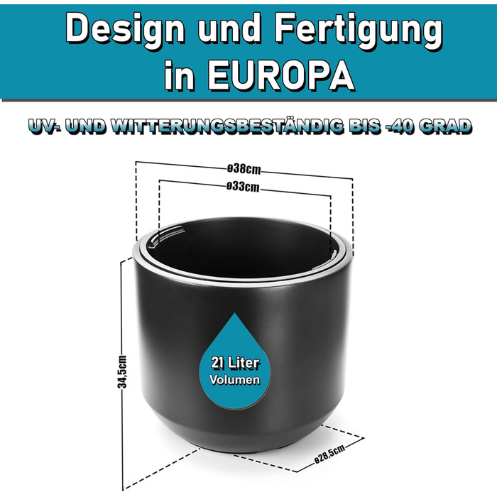 Квітковий горщик BigDean Style ø 40 см, антрацитовий, зі знімним внутрішнім горщиком - всепогодний квітковий горщик з ударостійкого пластику - великий горщик, підходить для використання на вулиці та в приміщенні ø 40 см