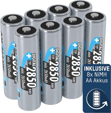 Зарядний пристрій ANSMANN Powerline 4 Ultra для акумуляторів AA/AAA/C/D NiMH та круглих літій-іонних елементів 18650/26650 з 4 програмами заряджання, включаючи 8 акумуляторів NiMH AA2850, швидкий зарядний пристрій Powerline 4 Ultra з 8 акумуляторами AA285