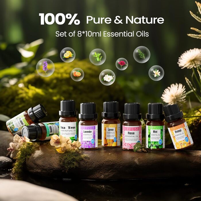Дифузор ефірного масла 500 мл з 8 маслами, ароматерапевтичний дифузор з пультом дистанційного керування, 4 таймера, автоматичне ви