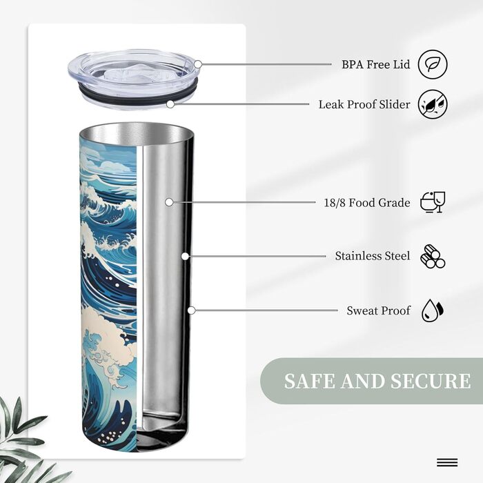 Дорожня кружка об&39ємом 590 мл з прямою трубочкою в стилі укійо-е з хвилями, принтована, підходить для кемпінгу, офісу та дому