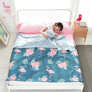 Ультралегкий портативний бавовняний спальний мішок-підкладка Stillshine для одного/двомісного подорожі з візерунком &quotФламінго&quot, для кемпінгу на свіжому повітрі (синій фламінго, 160 * 230 см)