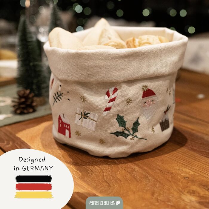 Паперовий кошик для хліба з драконом з вишивкою в бежево-червоному золоті - різдвяний - кошик з полотна - міцний - для зберігання