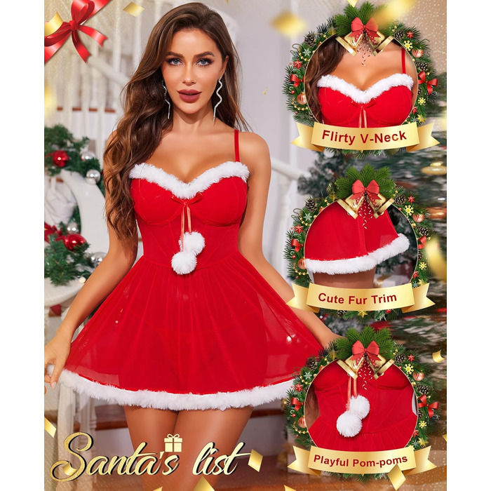 Різдвяна білизна RSLOVE для жінок - пеньюар з помпонами зі штучного хутра, костюм Санта-Клауса, сексуальна білизна на Різдво, розмір L, червоний