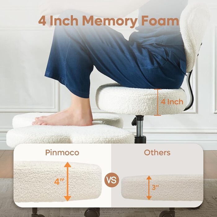 Ергономічне крісло для медитації з поворотом на 360 та колесами, регульоване по висоті сидіння, міцна поперекова підтримка, плюшева тканина, форма розбитого серця, кремова плюшева тканина