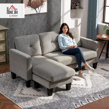 Кутовий диван HOMCOM, кутовий диван з двостороннім шезлонгом, L-подібний диван, м&39який кутовий диван з пружинним каркасом, сталевий каркас, колір шеніл, 186 x 130 x 84 см, сірувато-коричнева тканина кольору шеніл