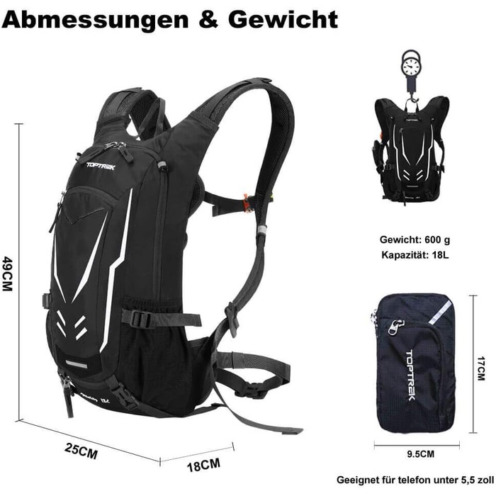 Велосипедний рюкзак Toptrek 18L Ultralight велосипедний рюкзак з дощовиком та чохлом для шолома Гідратаційний рюкзак Водонепроникний велосипедний рюкзак Спортивний рюкзак Гідратаційний рюкзак для чоловіків MTB чорний