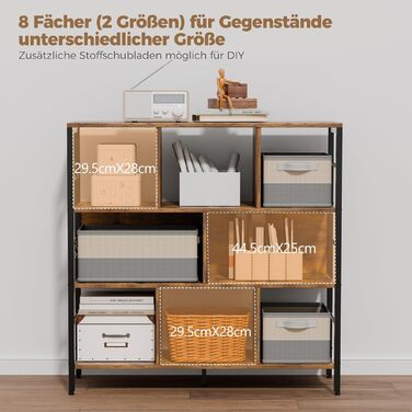 Книжкова полиця ELUCHANG, окремостояча полиця з 8 відділеннями, 3-рівнева полиця з безкоштовними гачками, для вітальні, спальні, кабінету, кухні, 30x94x95 см, вінтажний коричнево-чорний