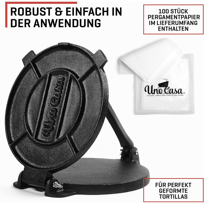 Прес для тортильї Uno Casa 20 см - Прес для тако, надміцна чавунна тортилья - Roti Maker Bonus 100 шт. пергаментний папір