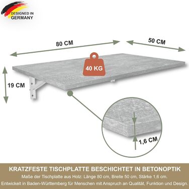 Настінний розкладний стіл KDR 80x50 см, під бетон Складаний стіл для настінного монтажу як обідній стіл, письмовий стіл, кухонний стіл або робоча зона Компактний та універсальний, сірий