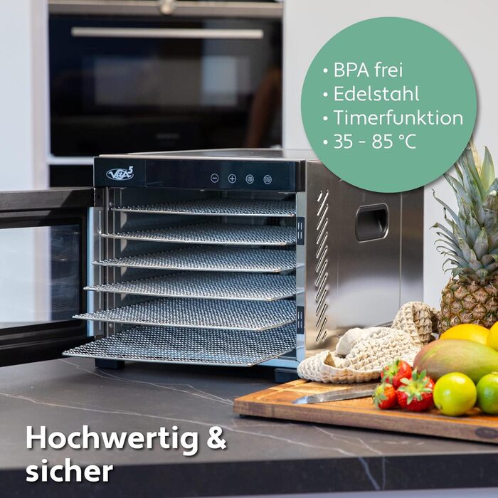 Дегідратор Vita5 з 6 дегідраторами з нержавіючої сталі - Дегідратор 0,7 м Дегідратор з регулятором температури (35-75 C) - сушіння фруктів, овочів, м'яса - 650 Вт 24 години Таймер Світлодіодний дисплей - Дегідратор їжі 6 рівнів срібла