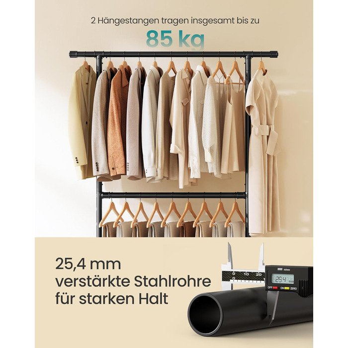 Вішалка для одягу в індустріальному стилі, вантажопідйомність до 110 кг, шафа-стійка на колесах, 2 шт. анги для одягу, виготовлена з металу, міцна, для демонстрації в магазині, чорна HSR62BK