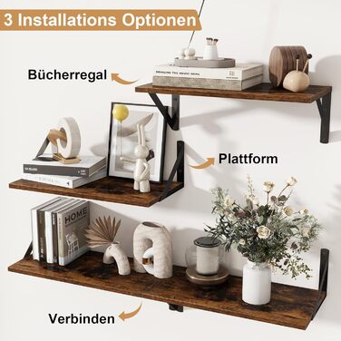 Плаваюча полиця, глибина 20 см, настінна полиця шириною 40 см, комплект із 2 настінних полиць з металевими кронштейнами, книжкова полиця з ДСП для ванної кімнати, вітальні, кухні, вінтажно-коричневий колір, 40 x 20 x 12,5 см