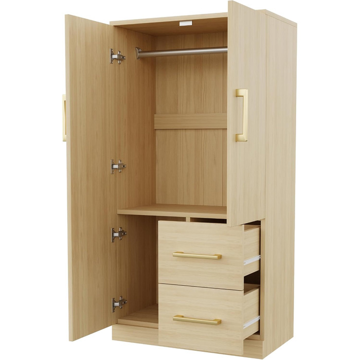 Шафа шириною 70 см, дводверна конструкція, висока/багатофункціональна шафа з полицею та шухлядами, висока шафа з вішалкою для одягу, колір дерева, меблі для спальні, колір дерева, 70x40x135 см