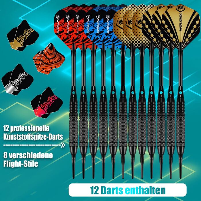 Професійний набір електронних дротиків WIN.MAX з лазерними маркерами лінії кидка/носка з німецьким голосом - підходить для батарейок/адаптерів для 1-8 гравців з 12 дротиками 2025 року - НОВИНКА - бічне освітлення