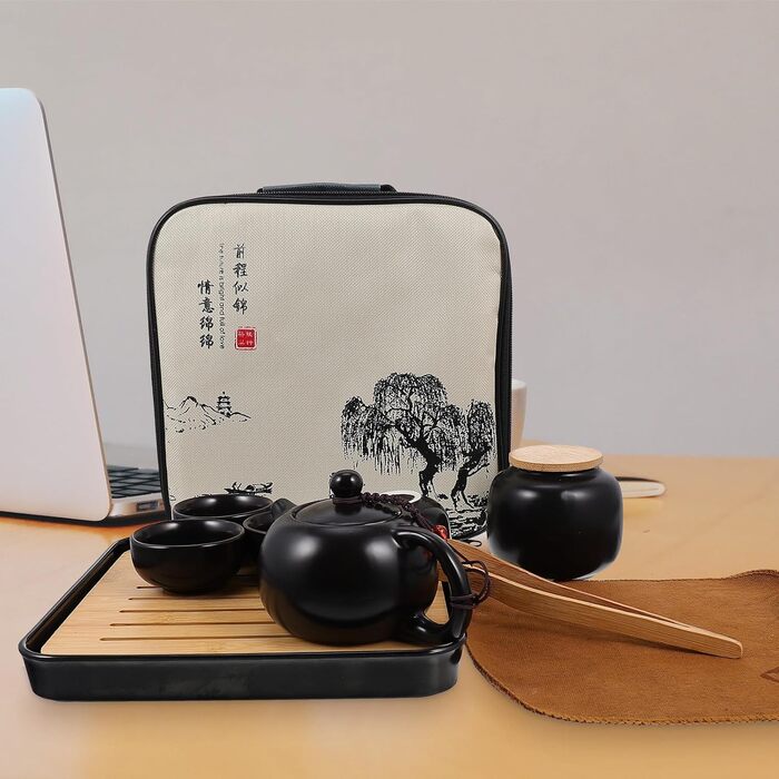 Портативний чайний набір Кунг-Фу для подорожей, керамічний, чорний, з підносом, нековзкий та ударостійкий, для дому та активного відпочинку