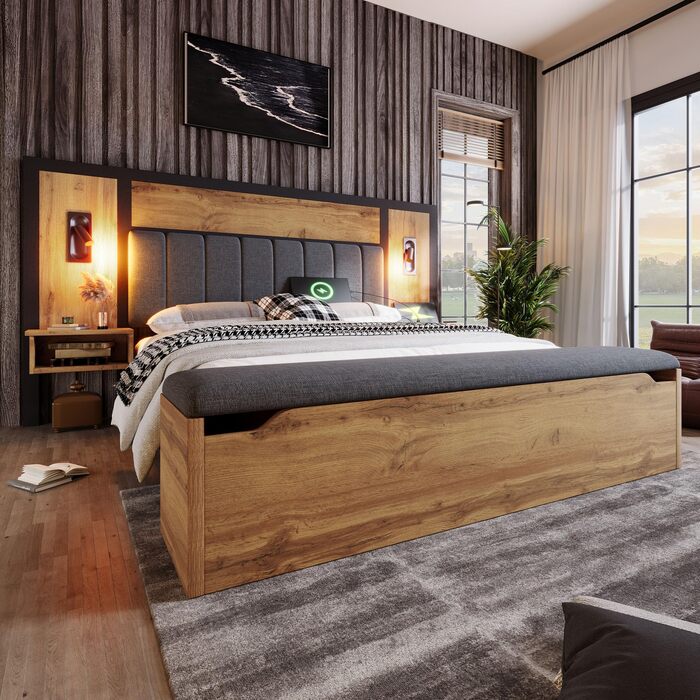 Двоспальне ліжко з м&39якою оббивкою, каркас ліжка з лампою для читання та USB-портом, тумбочка та лавка з місцем для зберігання речей, каркас ліжка з рейковою основою з металу, дерева та льону, дуб (без матраца) (180200 см)