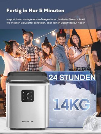 Машина для льоду з нержавіючої сталі з 2 розмірами кубиків льоду, 14 кг 24 шт. , самоочищення, 9 кубиків льоду за 6 хвилин, LED-дисплей, резервуар для води 2 л, льодогенератор із черпаком для льоду та кошиком, льодогенератор NORTHCLAN