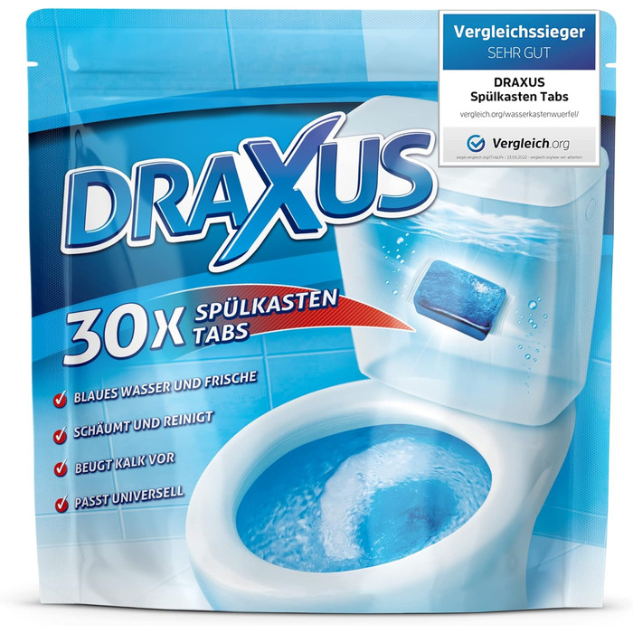 Вкладки бачка DRAXUS 30x, кубики для води для зливного бачка в пакеті для зберігання, вкладки для унітазу забарвлюють воду в синій колір, забезпечують свіжість і чистоту