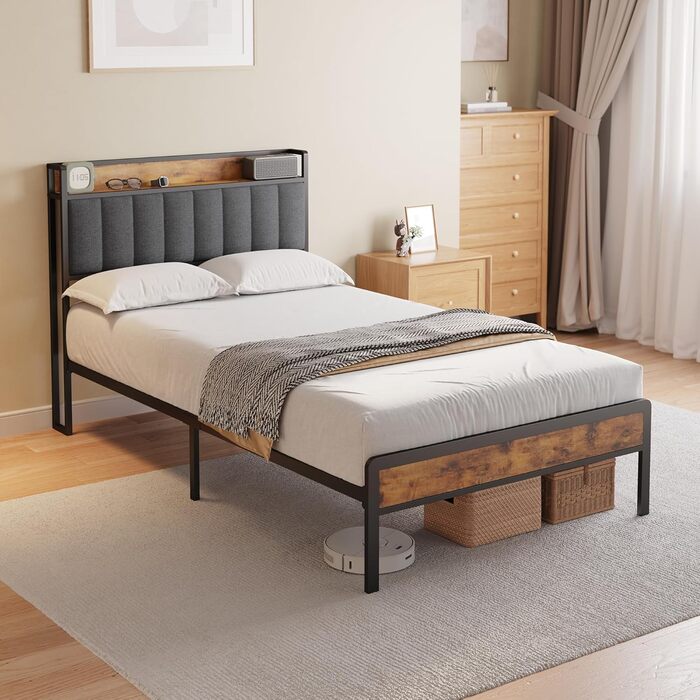 Каркас ліжка Bealife з металевою рейковою основою, односпальне ліжко з лляним покривалом, ліжко з м&39яким узголів&39ям та місцем для зберігання речей (120 x 200 см, темно-сірий колір)