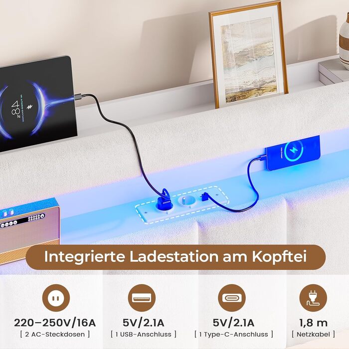 М&39яке ліжко 140x200 з місцем для зберігання, гідравлічне ліжко зі світлодіодним освітленням та зарядною станцією, дитяче ліжко, двоспальне ліжко, каркас ліжка з оксамитовим узголів&39ям - матрац не входить до комплекту (бежевий оксамит, 140x200 см) Беже