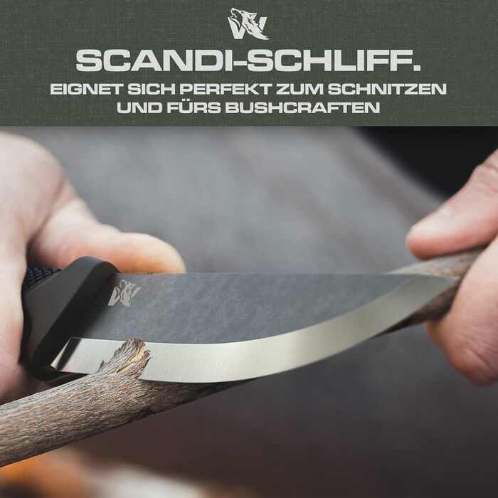 Рибальський ніж Wolfgang W-SCANDI з фіксованим лезом - Включно з піхвами - Ідеальний ніж для вуличного відпочинку, виготовлений із цілісного шматка сталі D2 - Ніж преміум-класу для виживання - Ідеальний ніж для виживання на відкритому повітрі.