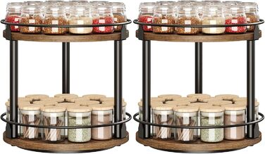 Підставка для спецій, 2-рівневий обертовий органайзер, комплект з 2 шт. , кругла обертова підставка для зберігання, компактний тримач для спецій з поворотним столом, для кухонної стільниці, обіднього столу, вінтажний коричневий та чорний XSR22L2BR 26 x 26