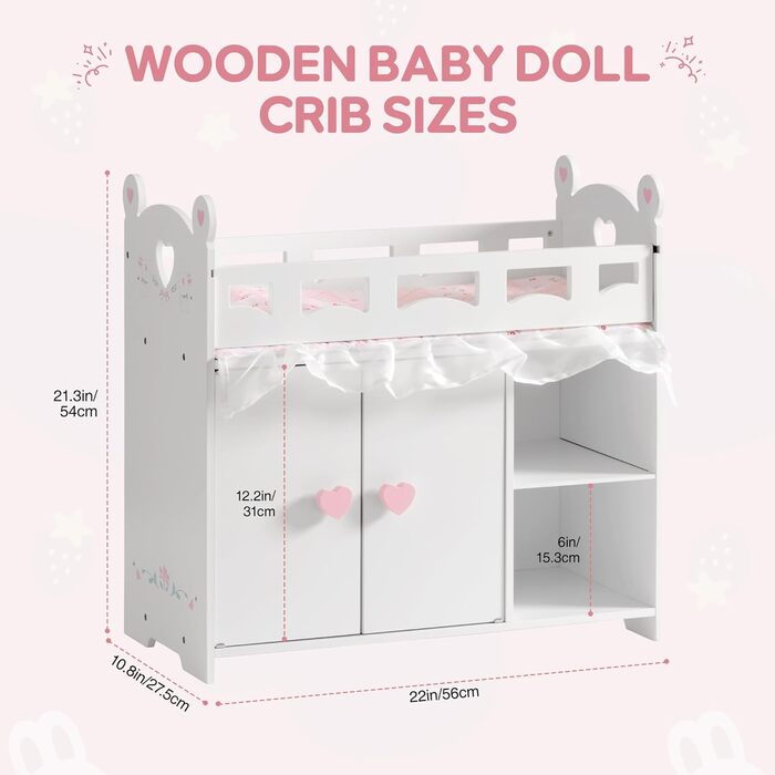 Ліжечко для ляльок ROBOTIME - Дерев&39яний пеленальний столик для ляльок з місцем для зберігання - Постільна білизна та гачки, підходить для ляльок 45,7-53,3 см, Ігровий набір для ляльок-ліжечок для дівчаток віком від 3 років