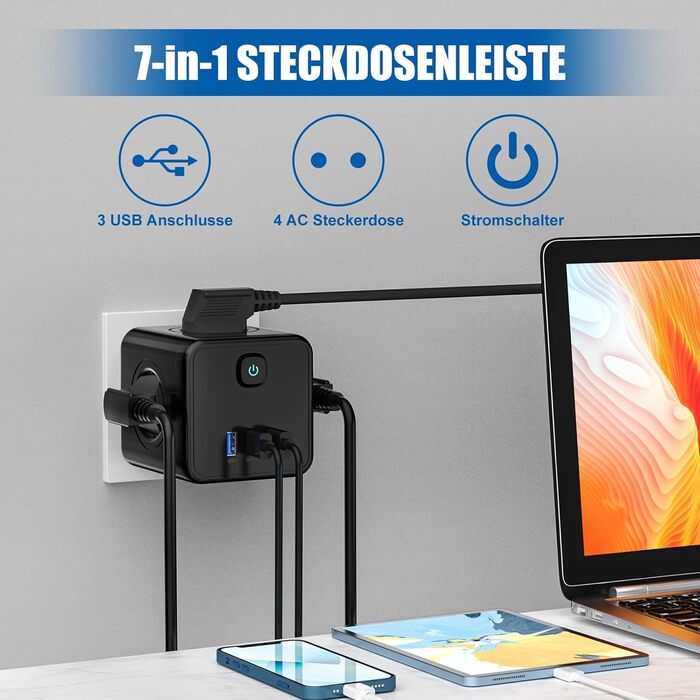 Перехідник для розетки з USB, розетки з вимикачем, подовжувач з USB, 4000 Вт/16 А, 3 USB (5 В/3,1 А), для спальні, подорожей та оф