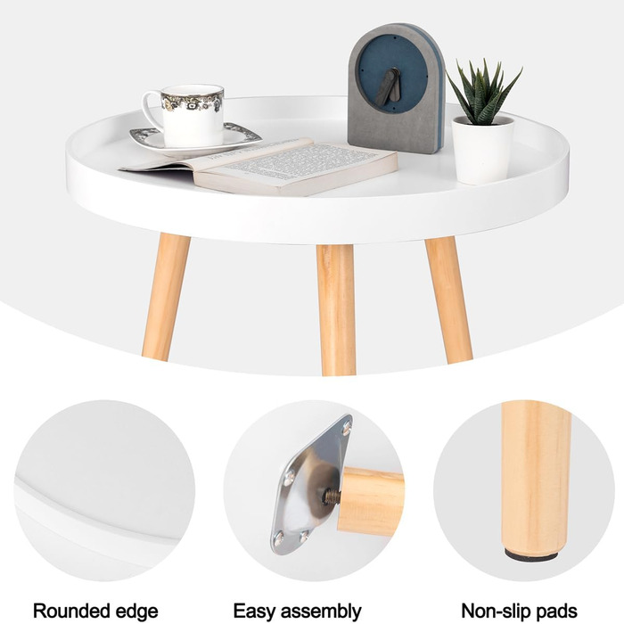 Невеликий круглий бічний столик, журнальний столик, підставка для рослин, тумбочка, масив дерева, скандинавський дизайн, білий, 50 x 44 см (діаметр x висота), TS143ws