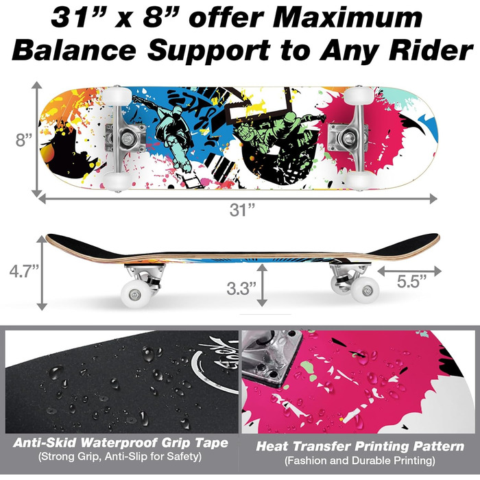 Скейтборд для дітей, підлітків та дорослих BELEEV Cruiser Skateboard 31 x 8 Inch – Red