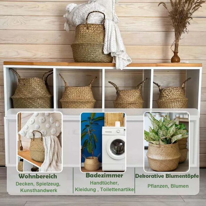 Кошики для зберігання морської трави, круглий кошик для білизни з ручкою, плетений кошик з натуральних матеріалів, кошики для рослин, складний кошик на животі для зберігання ковдр, рослин, іграшок (XXL 38x34 см), 2