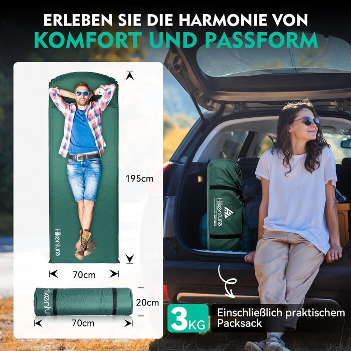 Самонадувальний килимок для сну HIKENTURE, пінопластовий кемпінговий матрац товщиною 8 см, самонадувальний повітряний матрац, зручний килимок для сну для використання на свіжому повітрі, намет, походи, темно-зелений