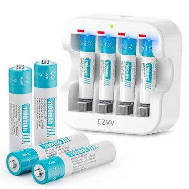 Акумуляторні літієві батарейки AAA 1,5 В - Висока ємність 1100 мВтгод - 1300 циклів зарядки - 8 батарейок із зарядним пристроєм, швидка зарядка за 2 години, постійна потужність, низький саморозряд. Батарейки із зарядним пристроєм, 8 шт. білий зарядний при