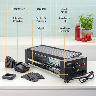 Багатофункціональний прилад для раклету та піци регульований термостат з подвійним нагрівальним елементом 43 х 23 см варильна поверхня на 8 осіб без BPA 1300 Вт, чорний, 2736