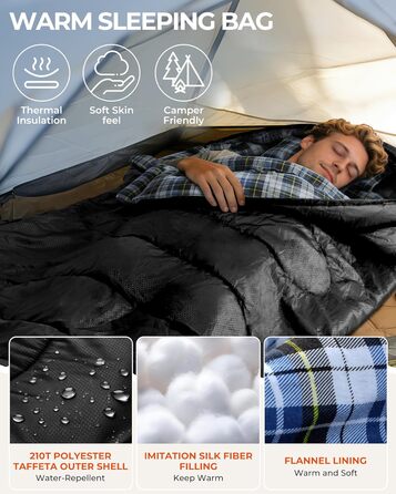 Спальний мішок Sportneer для активного відпочинку - Фланелевий зимовий спальний мішок 220 x 85 см, Компактний спальний мішок-ковдра на 3-4 сезони, Холодна погода, Зимовий кемпінг на свіжому повітрі, Чорний