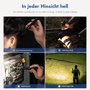 Маленький ліхтарик WUBEN PL01, світлодіодний пальцевий ліхтарик 650 люмен, водонепроникний міні-ліхтарик IP68, 4 режими ручного кемпінгового ліхтаря, що перезаряджається, сумісний з 2 батарейками AAA для огляду, роботи, ремонту, чорний